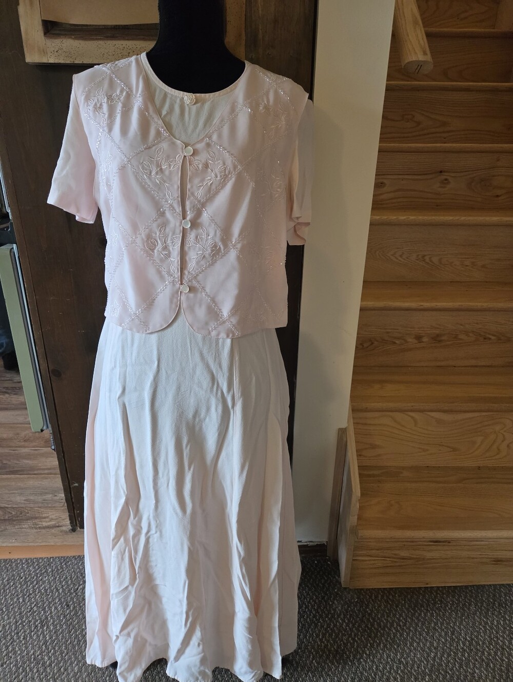 Vintage 90s Betsey's Things Pastel Pink Beaded Modest Mock Jacket Midi Dress